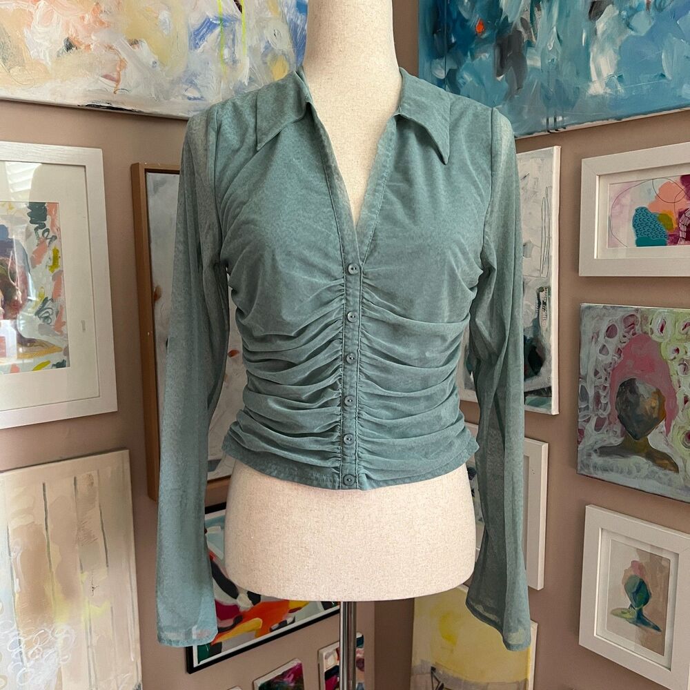 willow+root Teal Sheer Ruched Button Front Mesh Fairy Grunge Top Whimsygoth Sz L